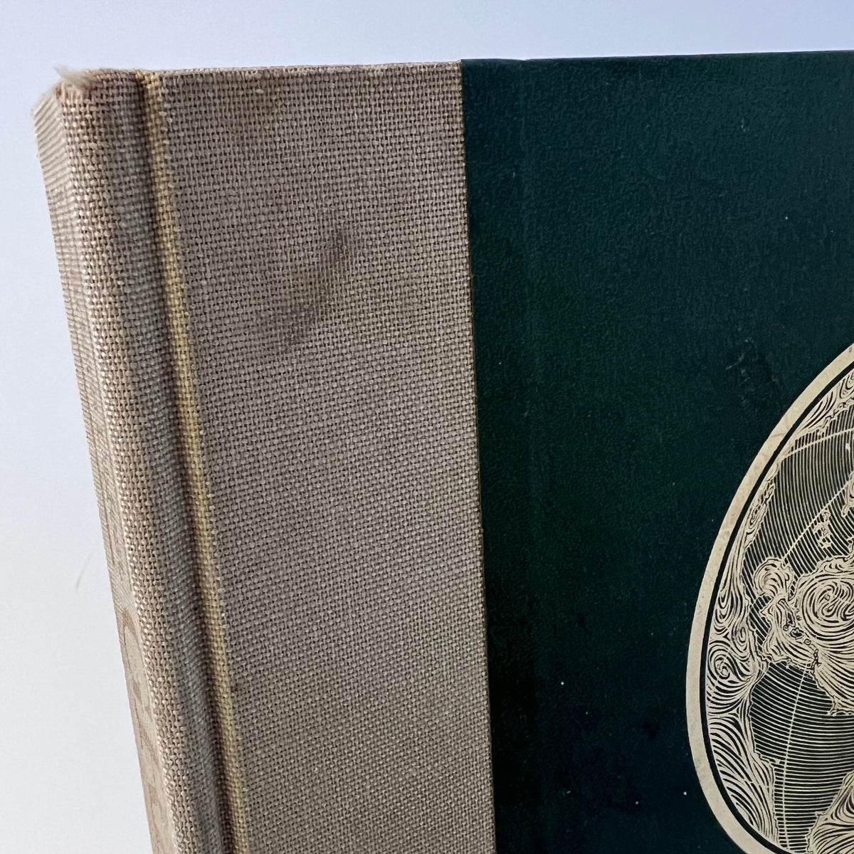Book with textured cover and decorative design on a white background