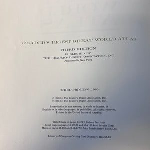 Title page of Reader's Digest Great World Atlas with text about publication details.