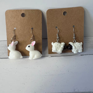 Resin Easter Earring Set Bunny Sheep 2 Pair Farmhouse