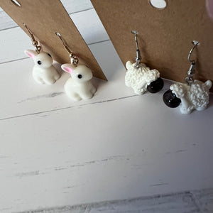 Resin Easter Earring Set Bunny Sheep 2 Pair Farmhouse