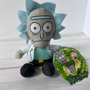 Plush toy resembling a character from 'Rick and Morty' with a tag on a wooden surface.