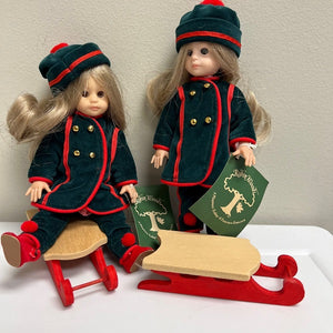 Robin Woods Doll with Red Sled Lot of 2 Doll and 2 Sleds 8inch Vinyl