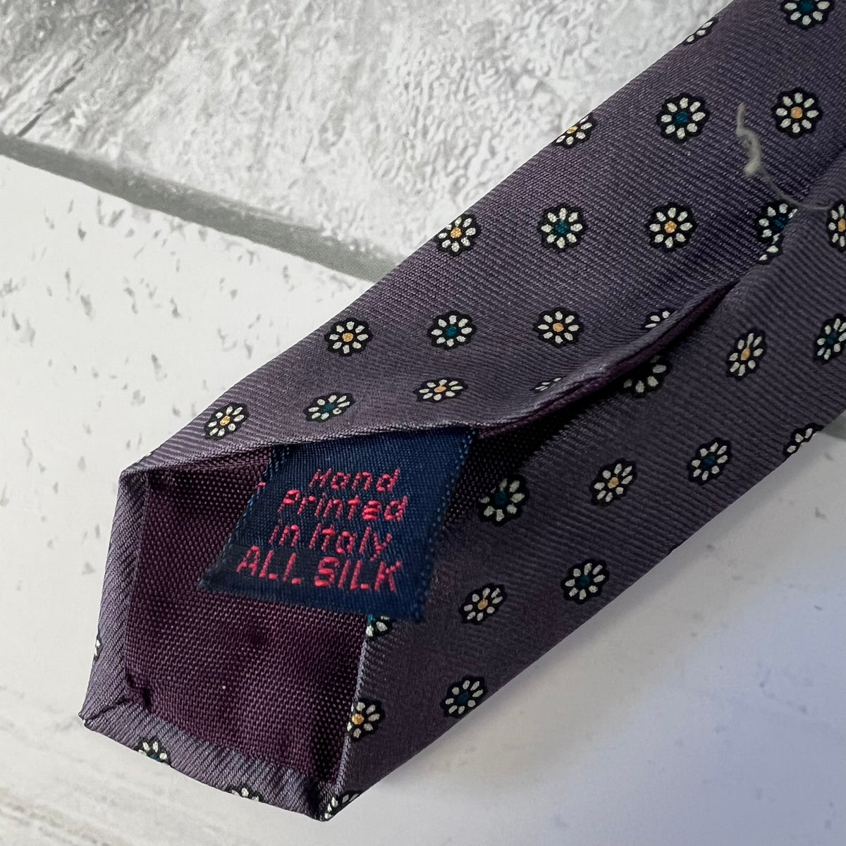 Rooster Inc Silk Tie Purple Daisy Foulard Italy Vintage