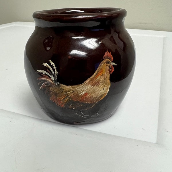 Small Ceramic Red Brown Crock Painted Chicken Design