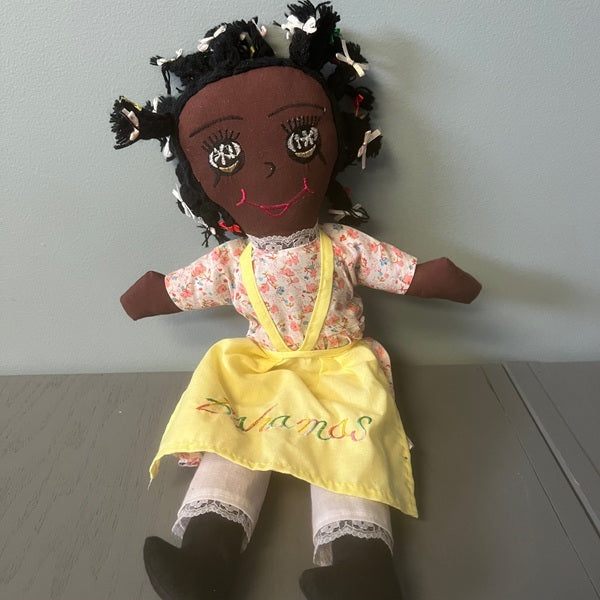 Souvenir Bahamas Folk Art Black Rag Doll 18 inches with Stand