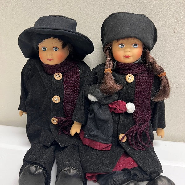 Springford Porcelain Amish Dolls Set Maroon Black Traditional Dress 12 Inch