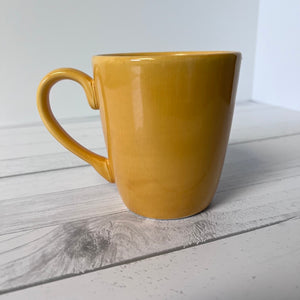 Yellow mug on a wooden surface with a white background