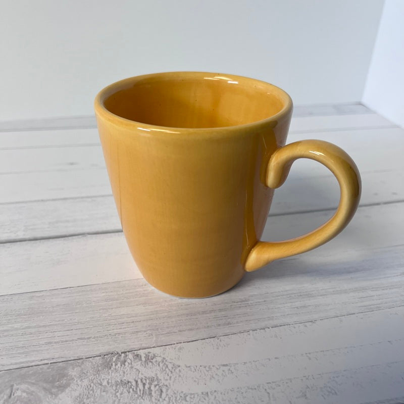 Yellow mug on a wooden surface with a white background
