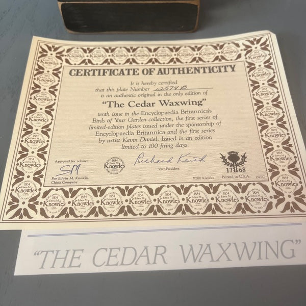 Authentic 1987 Kevin Daniel Cedar Waxwing Collectible Plate