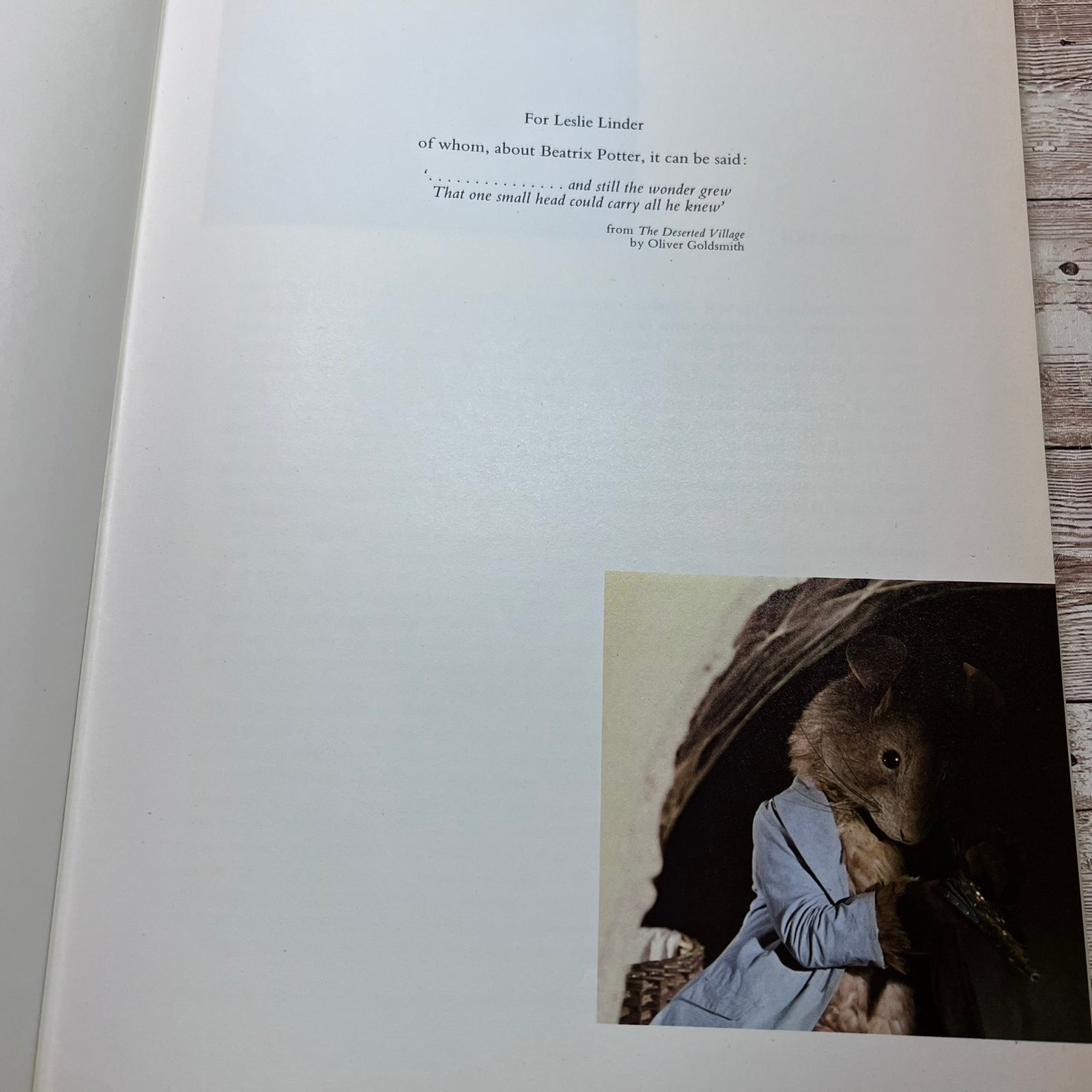 An open book page showing printed text at the top and a small illustration in the lower right corner of a rabbit in a blue coat sitting in a dark hollow. The page is photographed on a light wood surface.