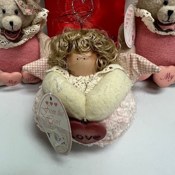 Vintage Valentine Plush Lot – Bears, Angel & Fabric Bag (Set of 4)