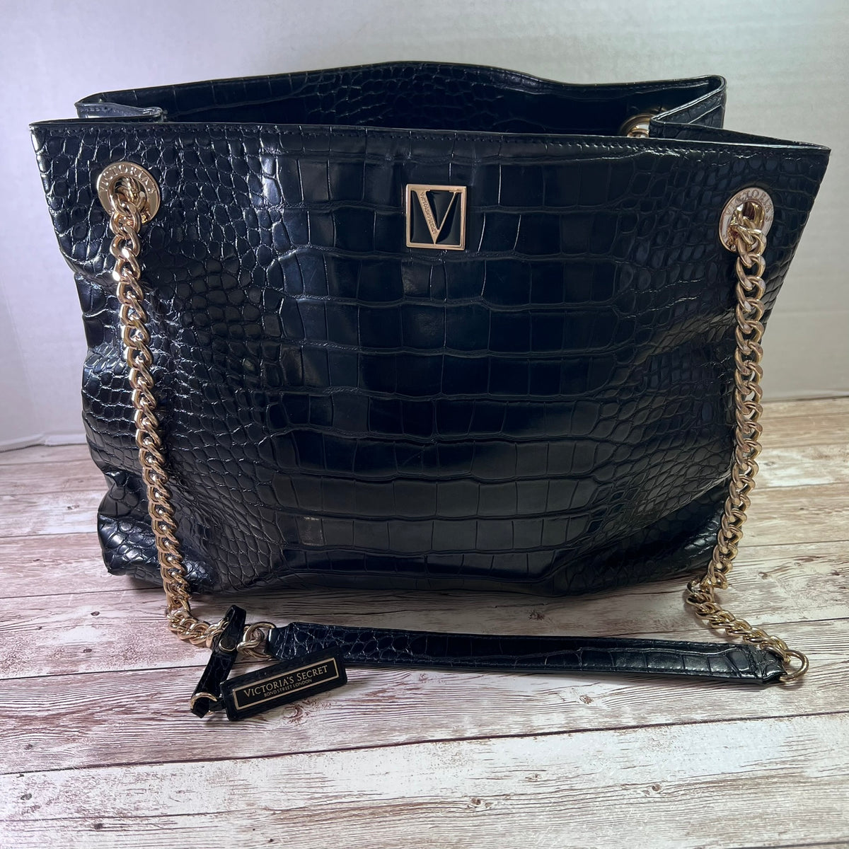 Victoria's Secret Bond Street London Croc Embossed Tote Bag Black 3 Section Shopper