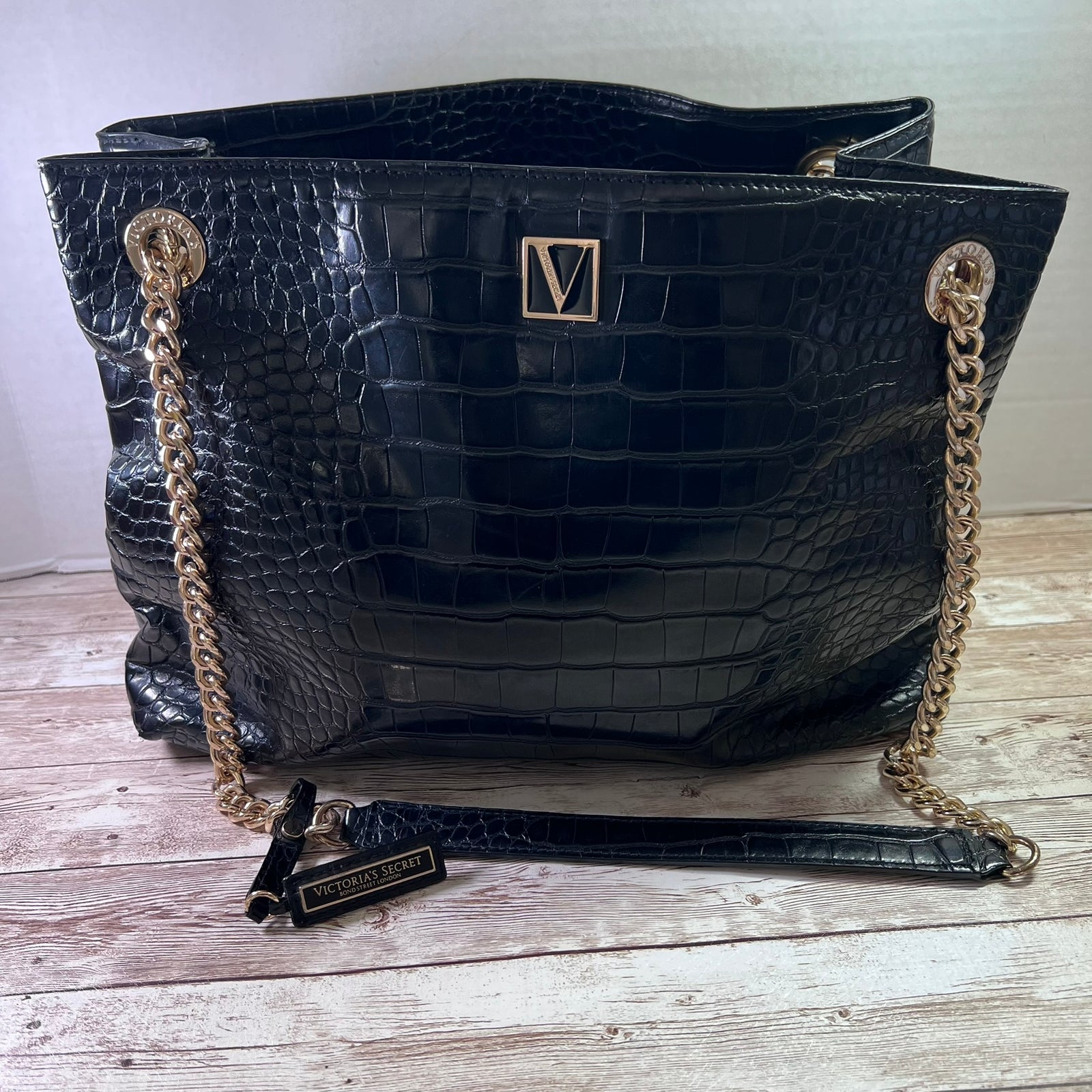 Victoria's Secret Bond Street London Croc Embossed Tote Bag Black 3 Section Shopper