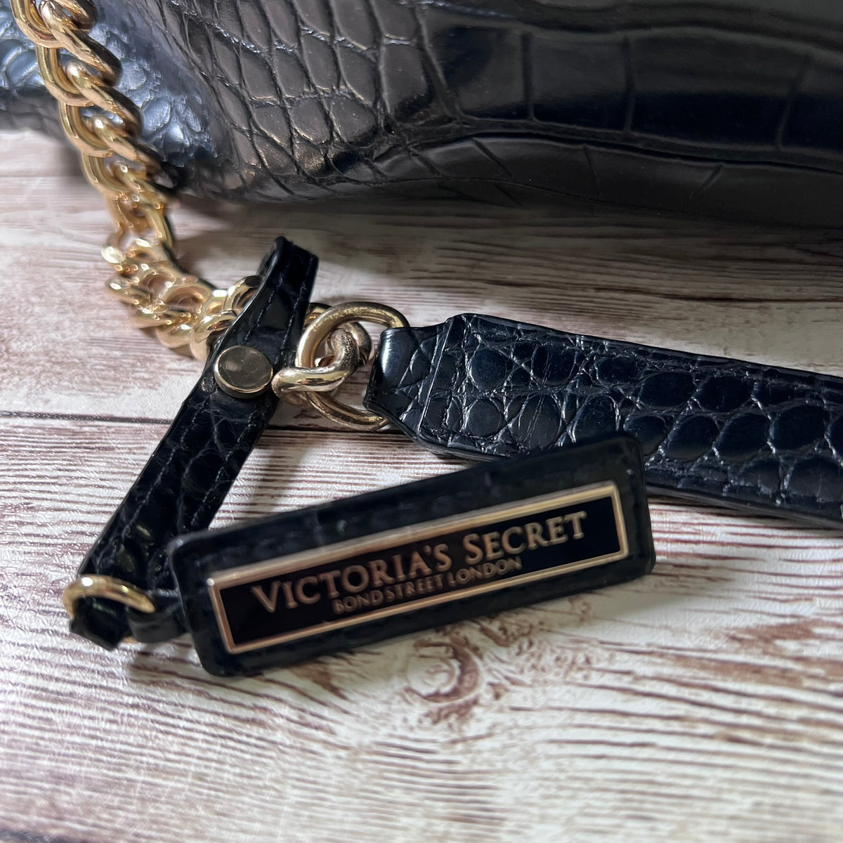 Victoria's Secret Bond Street London Croc Embossed Tote Bag Black 3 Section Shopper