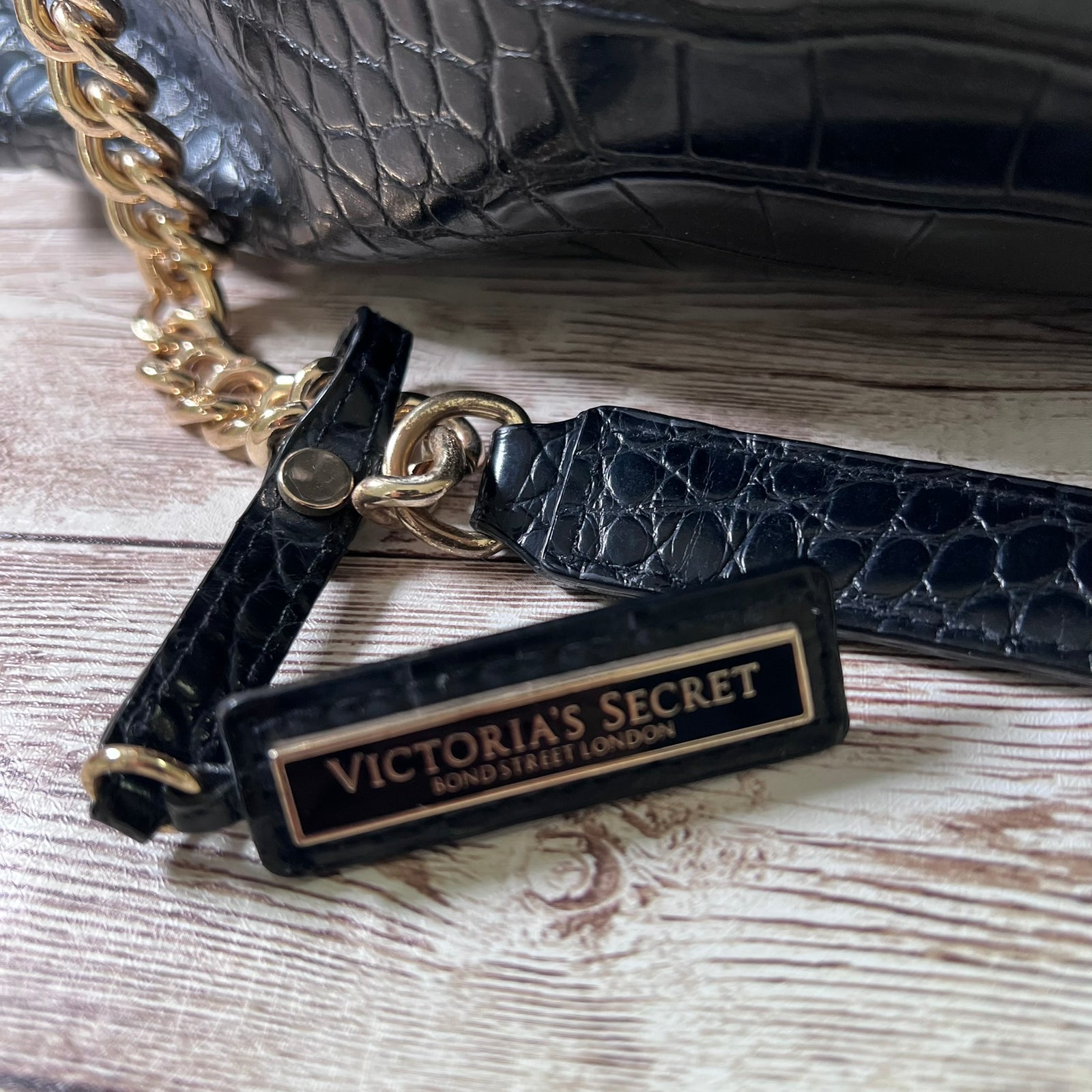 Victoria's Secret Bond Street London Croc Embossed Tote Bag Black 3 Section Shopper