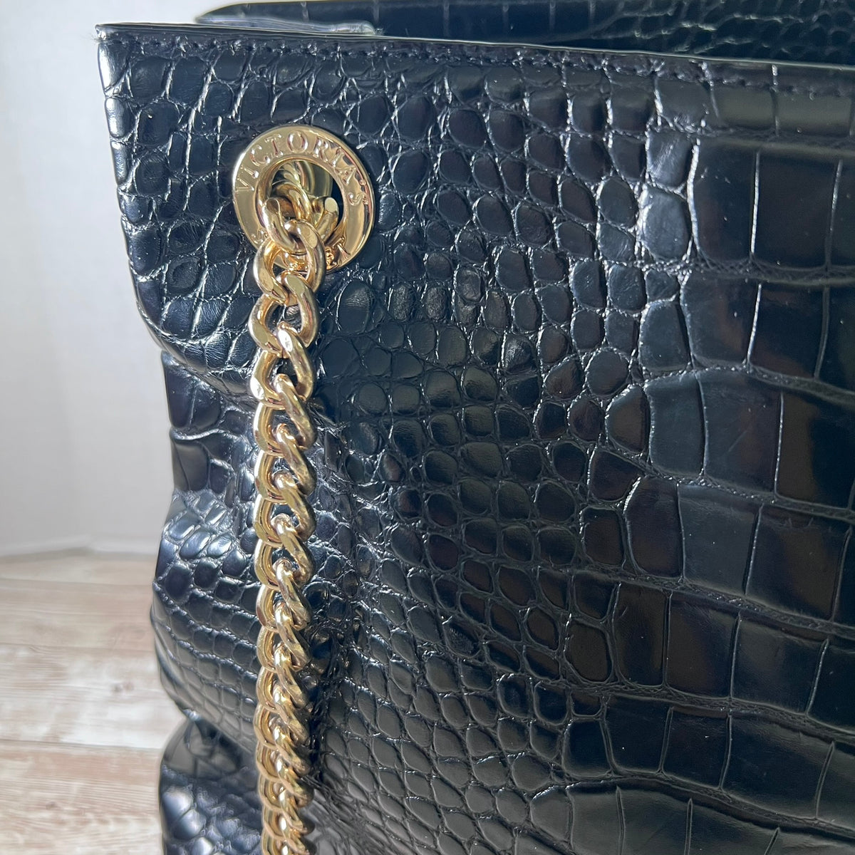 Victoria's Secret Bond Street London Croc Embossed Tote Bag Black 3 Section Shopper