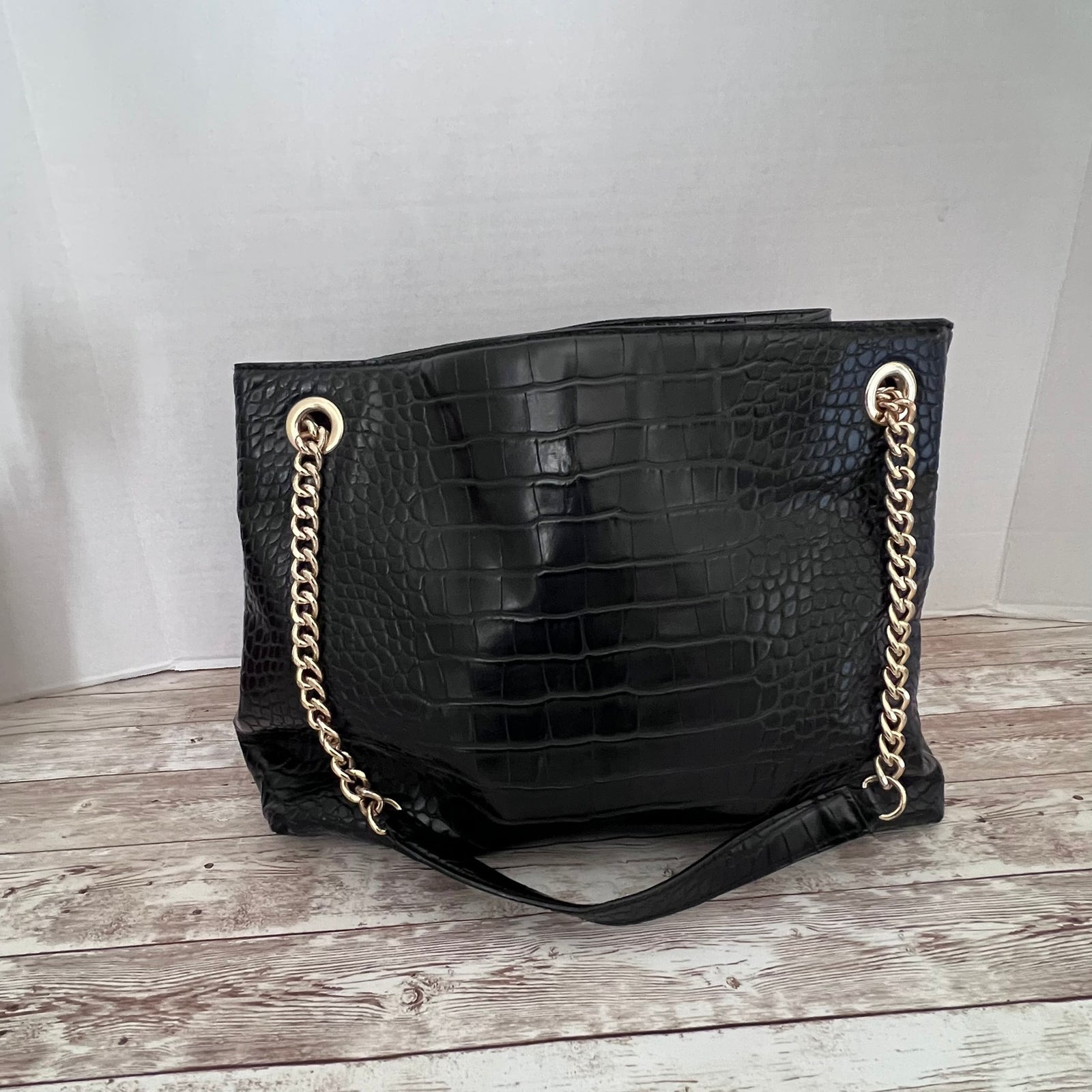 Victoria's Secret Bond Street London Croc Embossed Tote Bag Black 3 Section Shopper