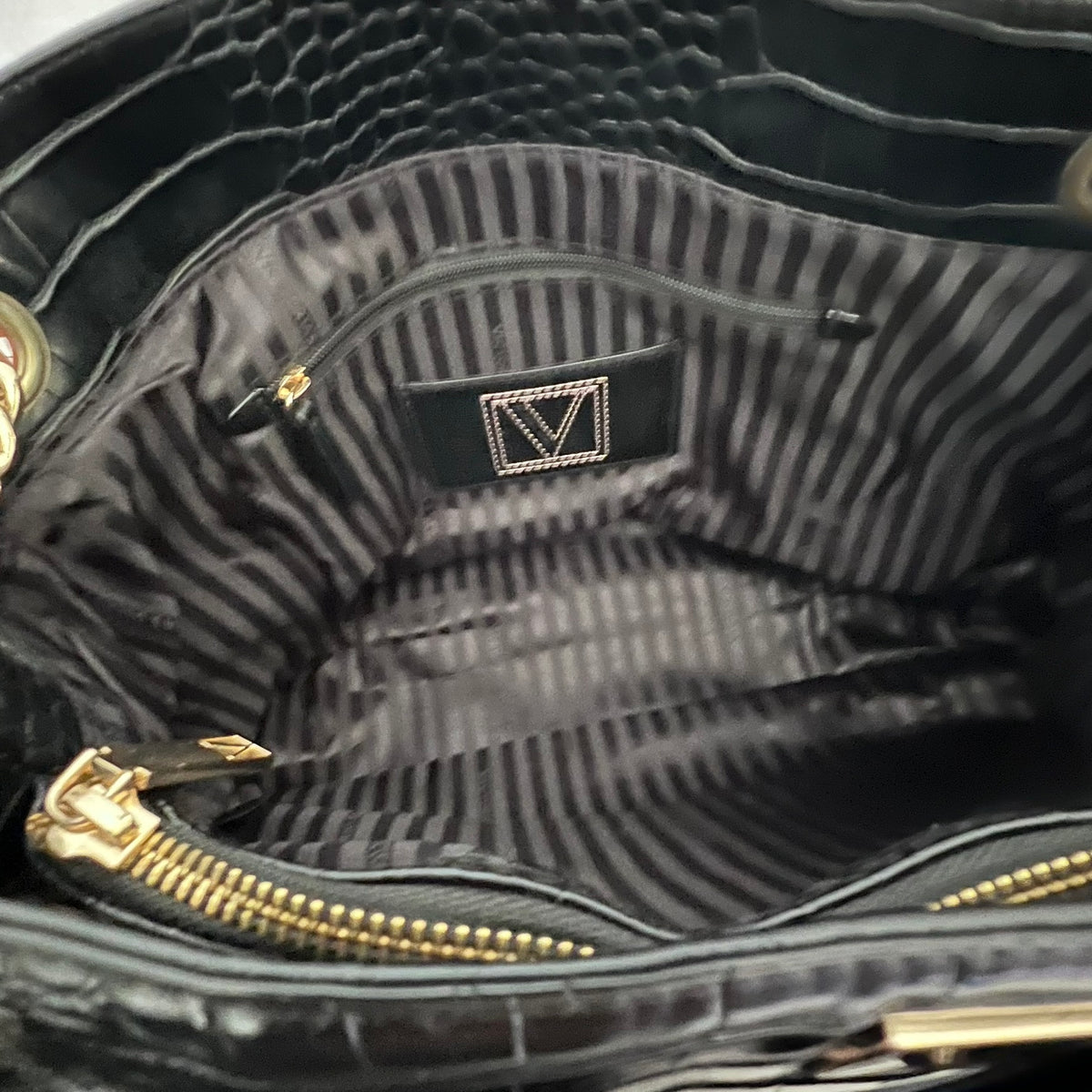 Victoria's Secret Bond Street London Croc Embossed Tote Bag Black 3 Section Shopper