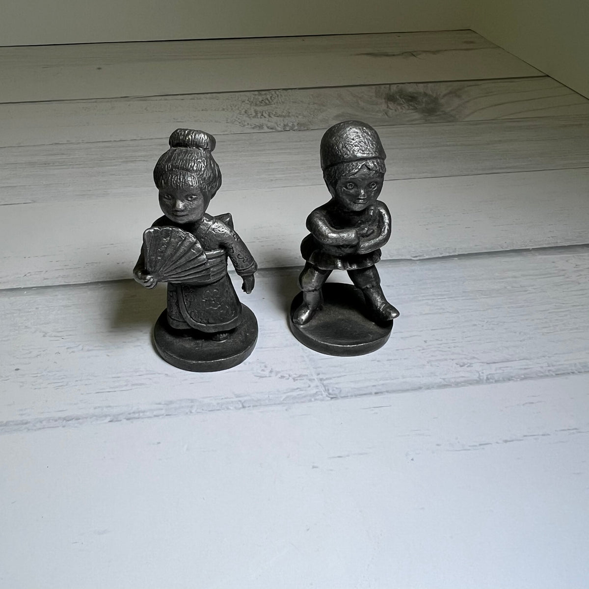 Vintage 1976 Gateway Home Decorators Pewter Japanese Boy Girl Figurines Pair