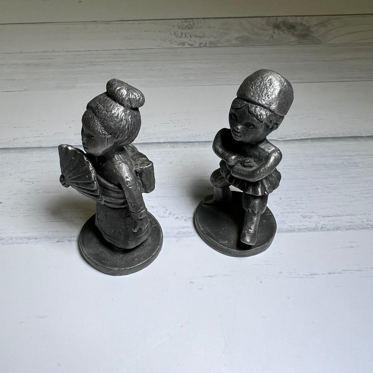 Vintage 1976 Gateway Home Decorators Pewter Japanese Boy Girl Figurines Pair