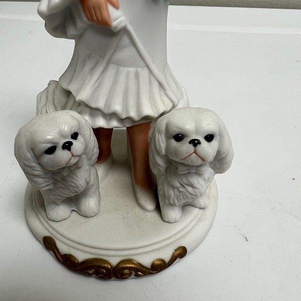 Vintage Aldon Porcelain Figurine – Woman with Two Dogs (1988, 8 Inch)