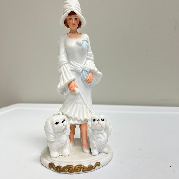 Vintage Aldon Porcelain Figurine – Woman with Two Dogs (1988, 8 Inch)