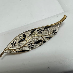 Vintage BSK Gold Tone Enamel Leaf Brooch Black White Flowers