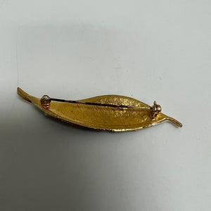 Vintage BSK Gold Tone Enamel Leaf Brooch Black White Flowers