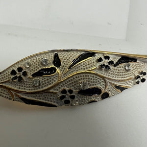 Vintage BSK Gold Tone Enamel Leaf Brooch Black White Flowers