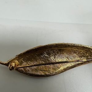 Vintage BSK Gold Tone Enamel Leaf Brooch Black White Flowers