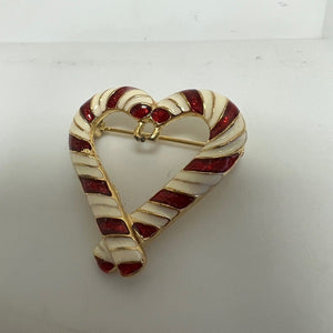 Vintage Candy Cane Heart Brooch Gold Tone