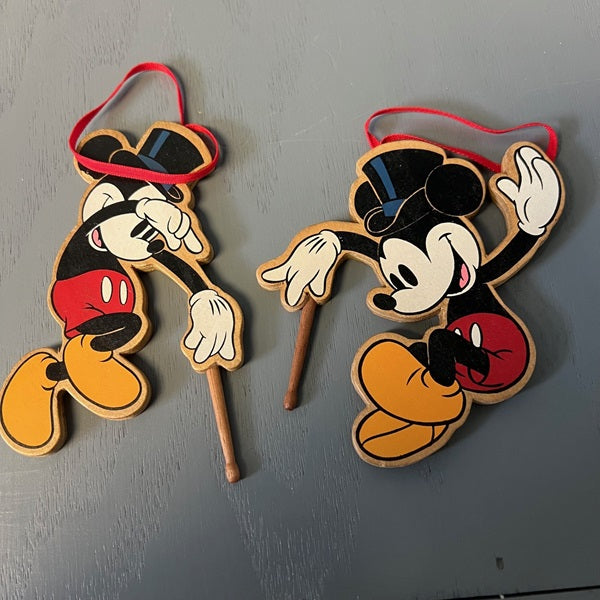 Vintage Disney Wooden Mickey Mouse Ornament Top Hat Wand Set of 2