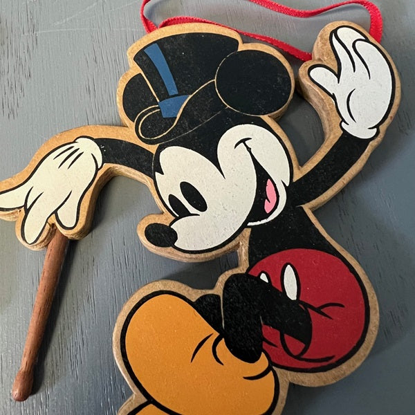 Vintage Disney Wooden Mickey Mouse Ornament Top Hat Wand Set of 2