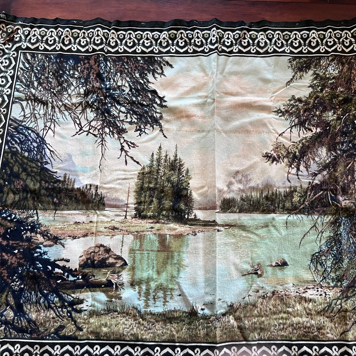 Vintage Printed Velour Scenic Forest & Lake Tapestry Wall Hanging 50x39 Rustic Cabin Lodge Decor