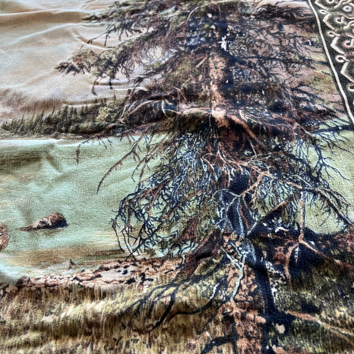 Vintage Printed Velour Scenic Forest & Lake Tapestry Wall Hanging 50x39 Rustic Cabin Lodge Decor