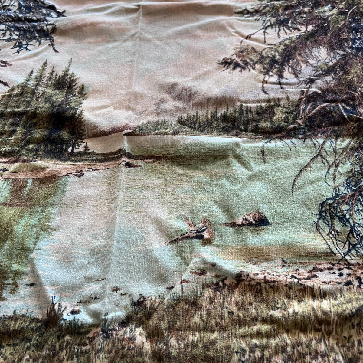 Vintage Printed Velour Scenic Forest & Lake Tapestry Wall Hanging 50x39 Rustic Cabin Lodge Decor