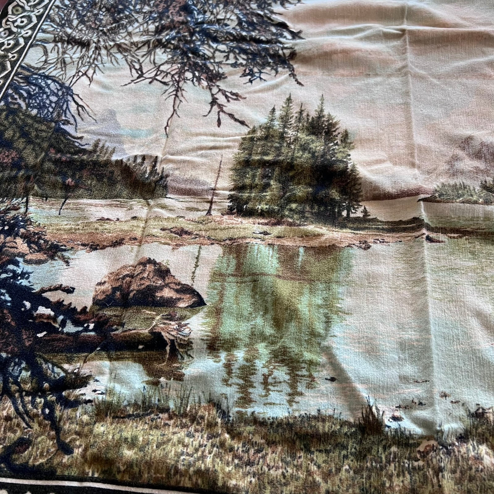 Vintage Printed Velour Scenic Forest & Lake Tapestry Wall Hanging 50x39 Rustic Cabin Lodge Decor