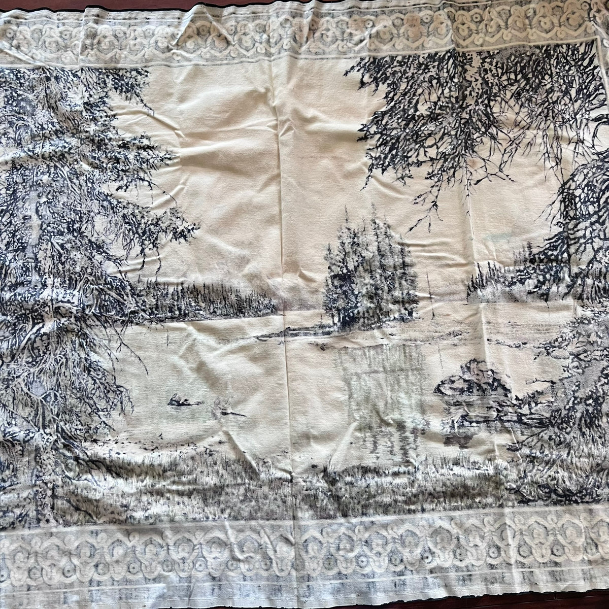 Vintage Printed Velour Scenic Forest & Lake Tapestry Wall Hanging 50x39 Rustic Cabin Lodge Decor
