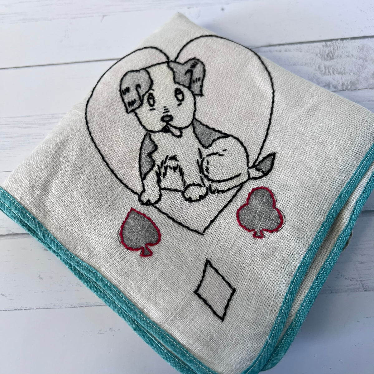 Vintage Hand Embroidered Linen Bridge Cloth Card Table Cover Puppy Motif 31x31