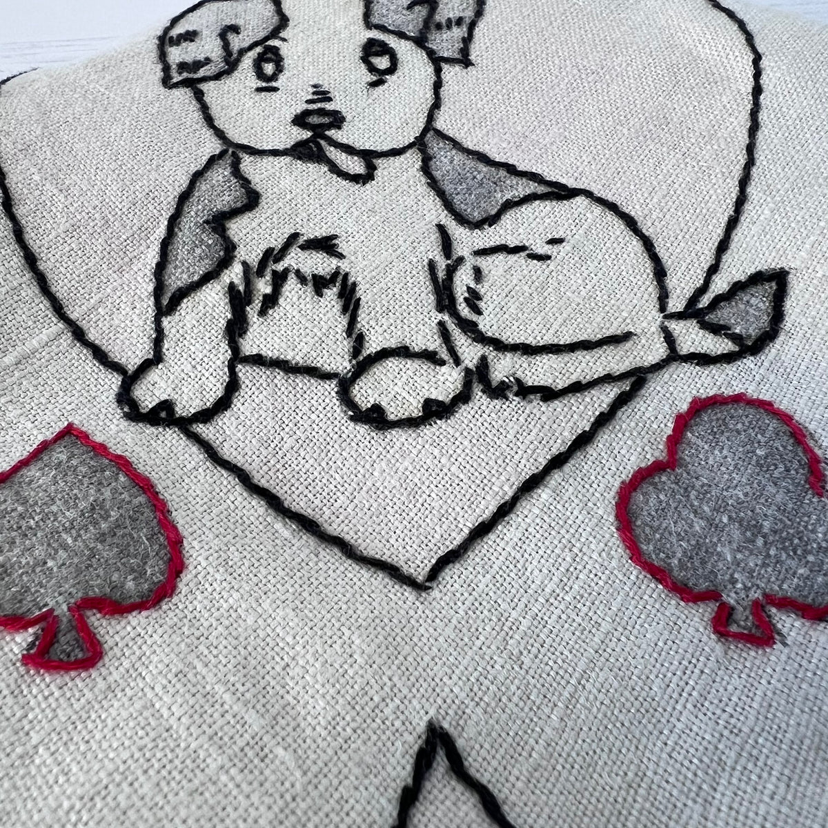 Vintage Hand Embroidered Linen Bridge Cloth Card Table Cover Puppy Motif 31x31