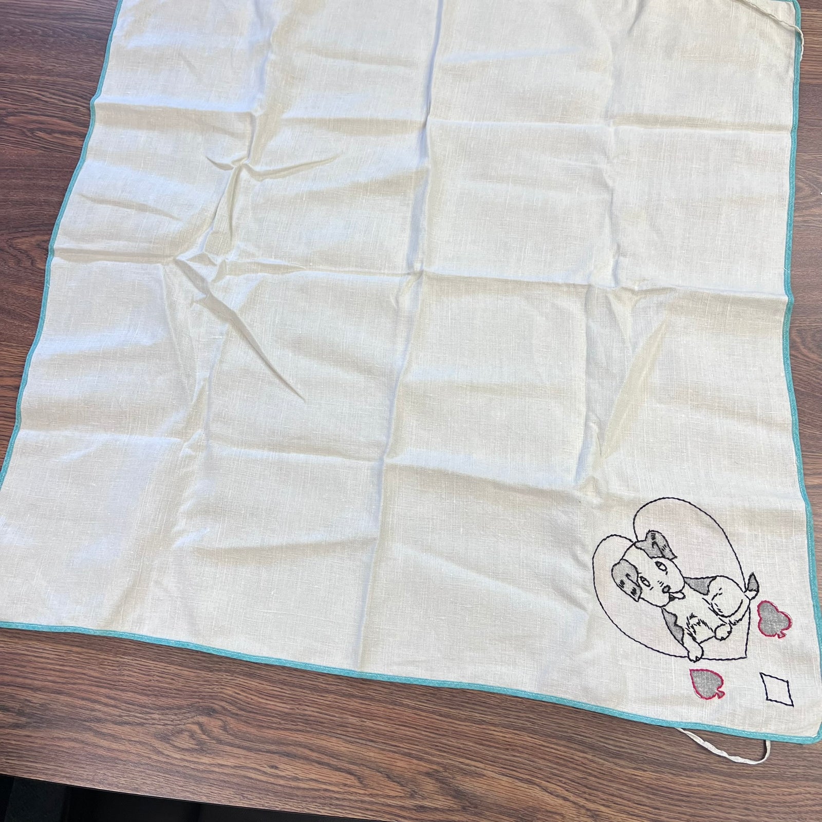 Vintage Hand Embroidered Linen Bridge Cloth Card Table Cover Puppy Motif 31x31