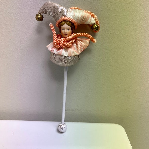 Vintage Jester On A Stick Ornament Porcelain Head 7"