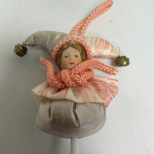 Vintage Jester On A Stick Ornament Porcelain Head 7"