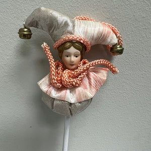 Vintage Jester On A Stick Ornament Porcelain Head 7"