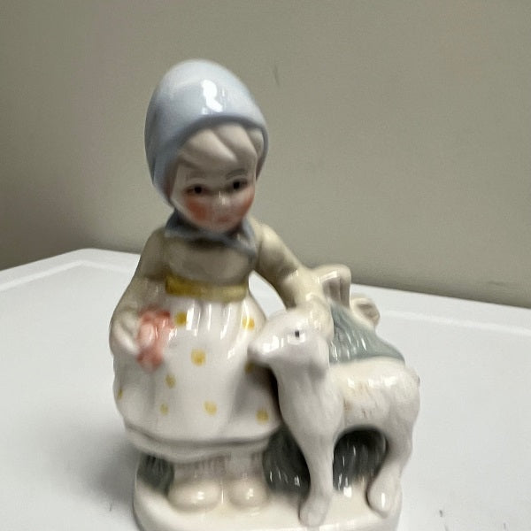 Vintage Mary Had A Little Lamb Figurine 6in Blue and White