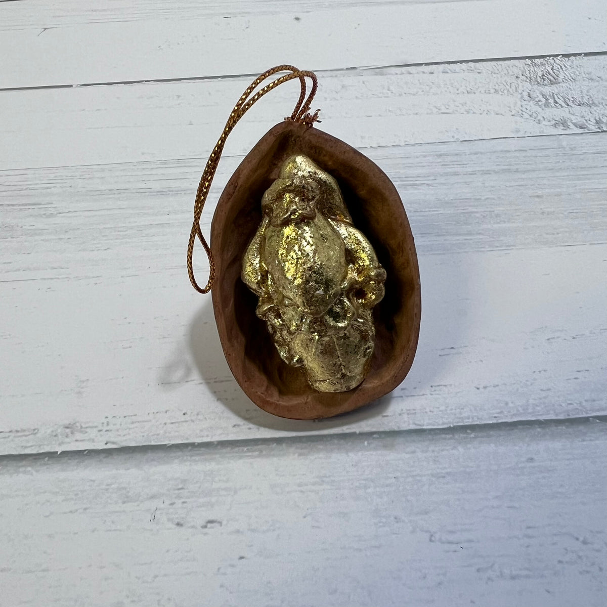 Vintage Santa in Walnut Shell Ornament Gold Toned Christmas Farmhouse Decoration