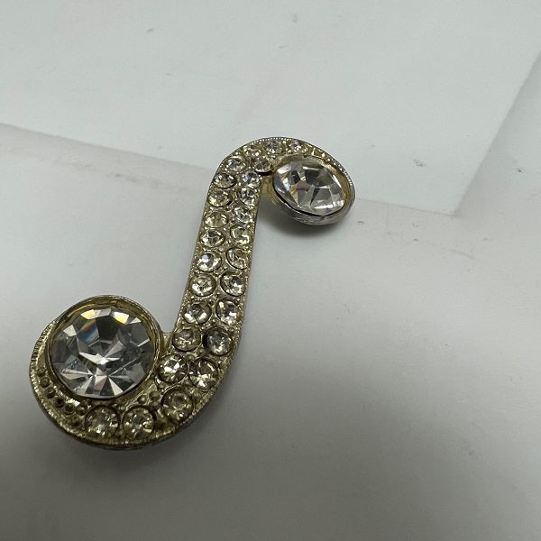 Vintage Silver Toned Music Note S Shape Brooch Clear Rhinestones