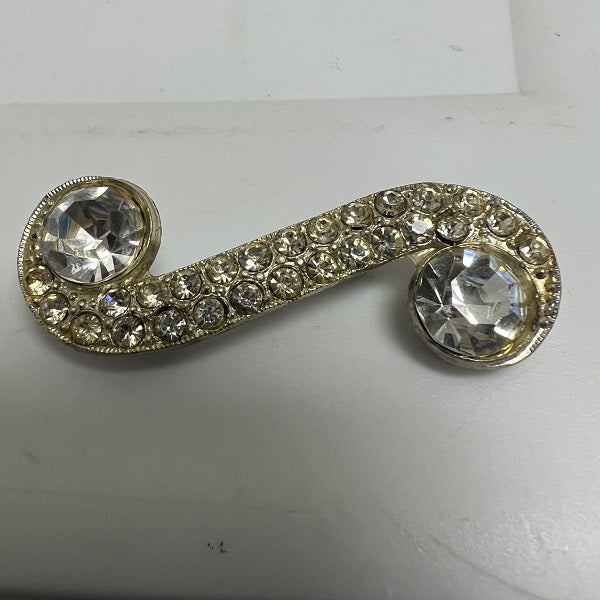 Vintage Silver Toned Music Note S Shape Brooch Clear Rhinestones