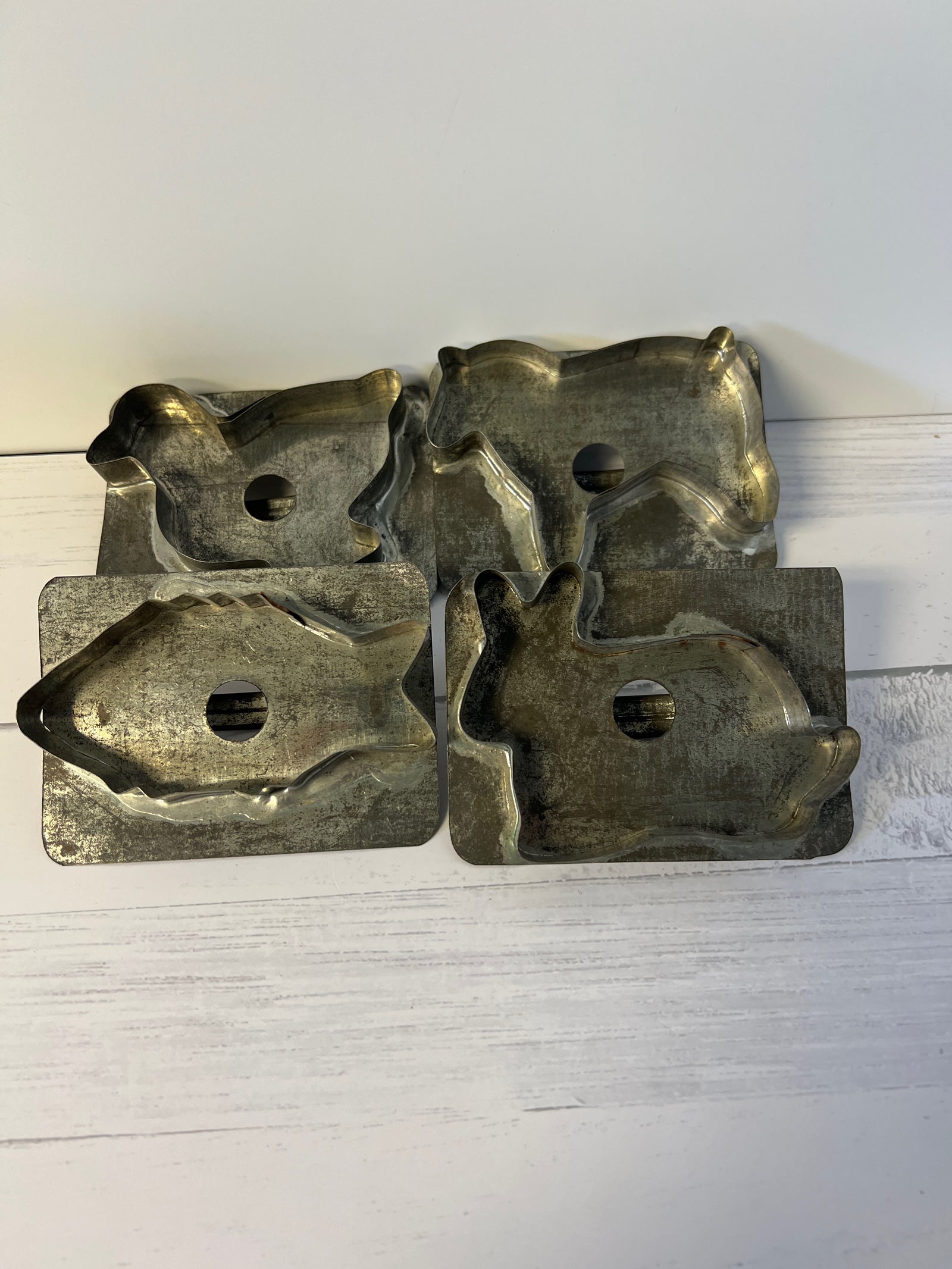 Vintage Tin Cookie Cutters Set of 4 Rabbit Chicken Horse Fish Farmhouse Kitchen