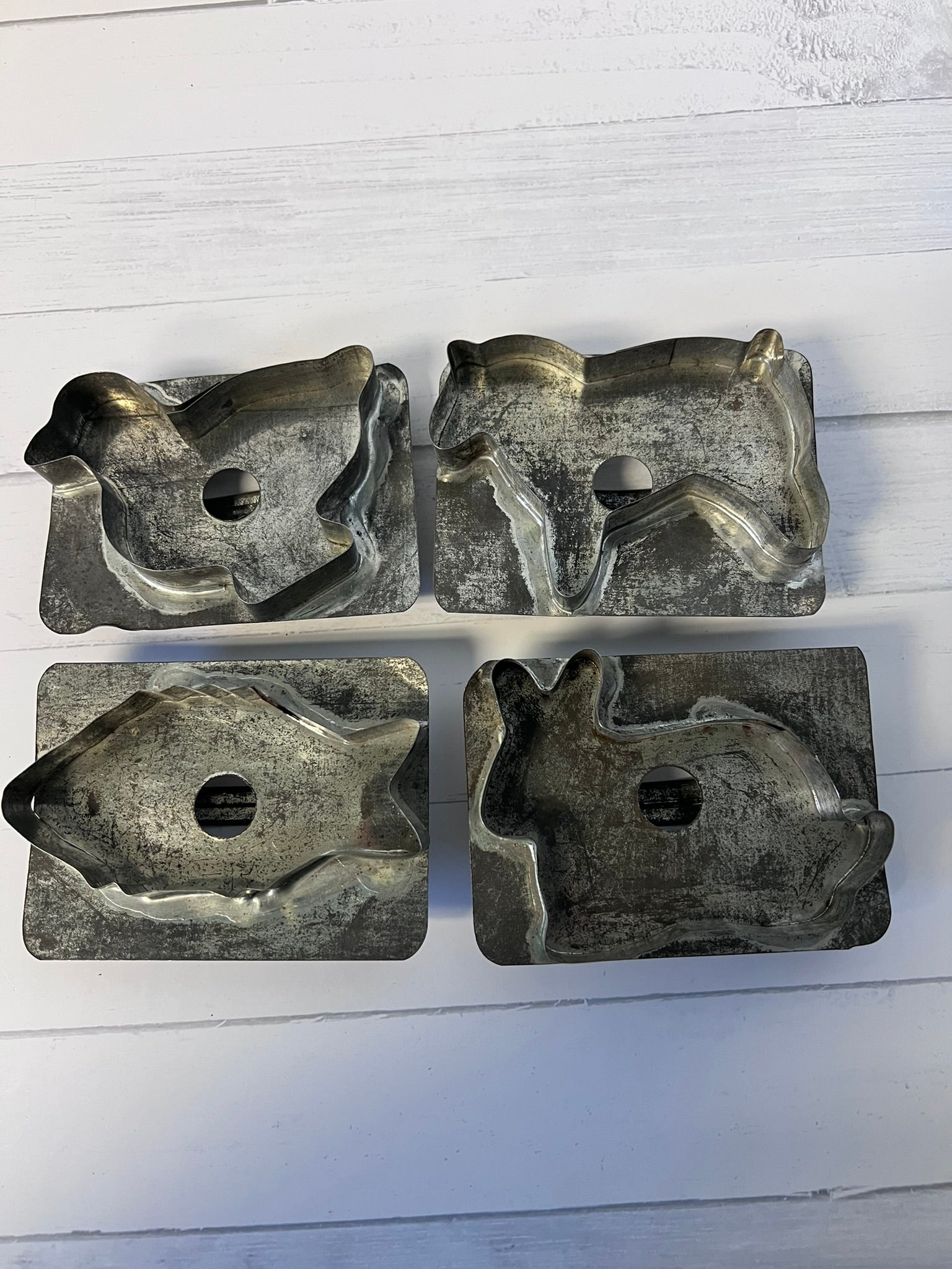 Vintage Tin Cookie Cutters Set of 4 Rabbit Chicken Horse Fish Farmhouse Kitchen